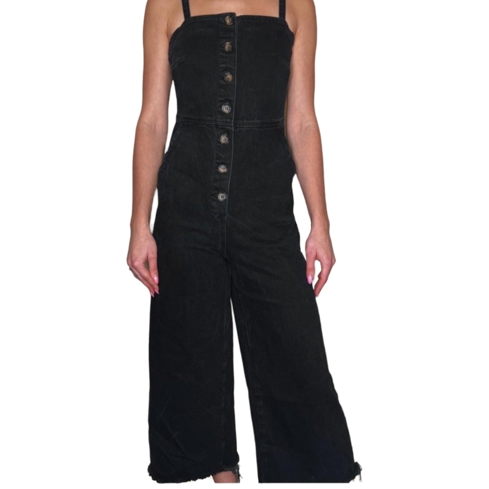 Topshop MOTO Black Denim Wide Leg Jumpsuit Overalls Size 4 - Picture 2 of 12